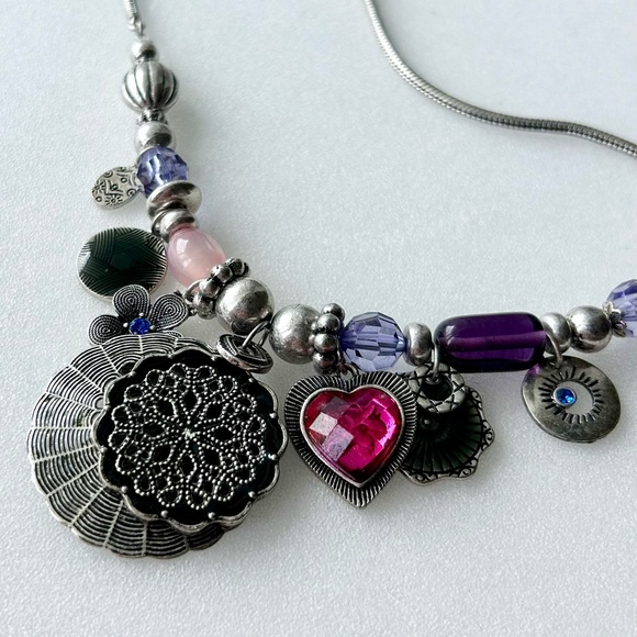 Tribal Sterling Silver Bib Necklace Purple Blue Pink Red Charms Snake Link 12” - Picture 5 of 11